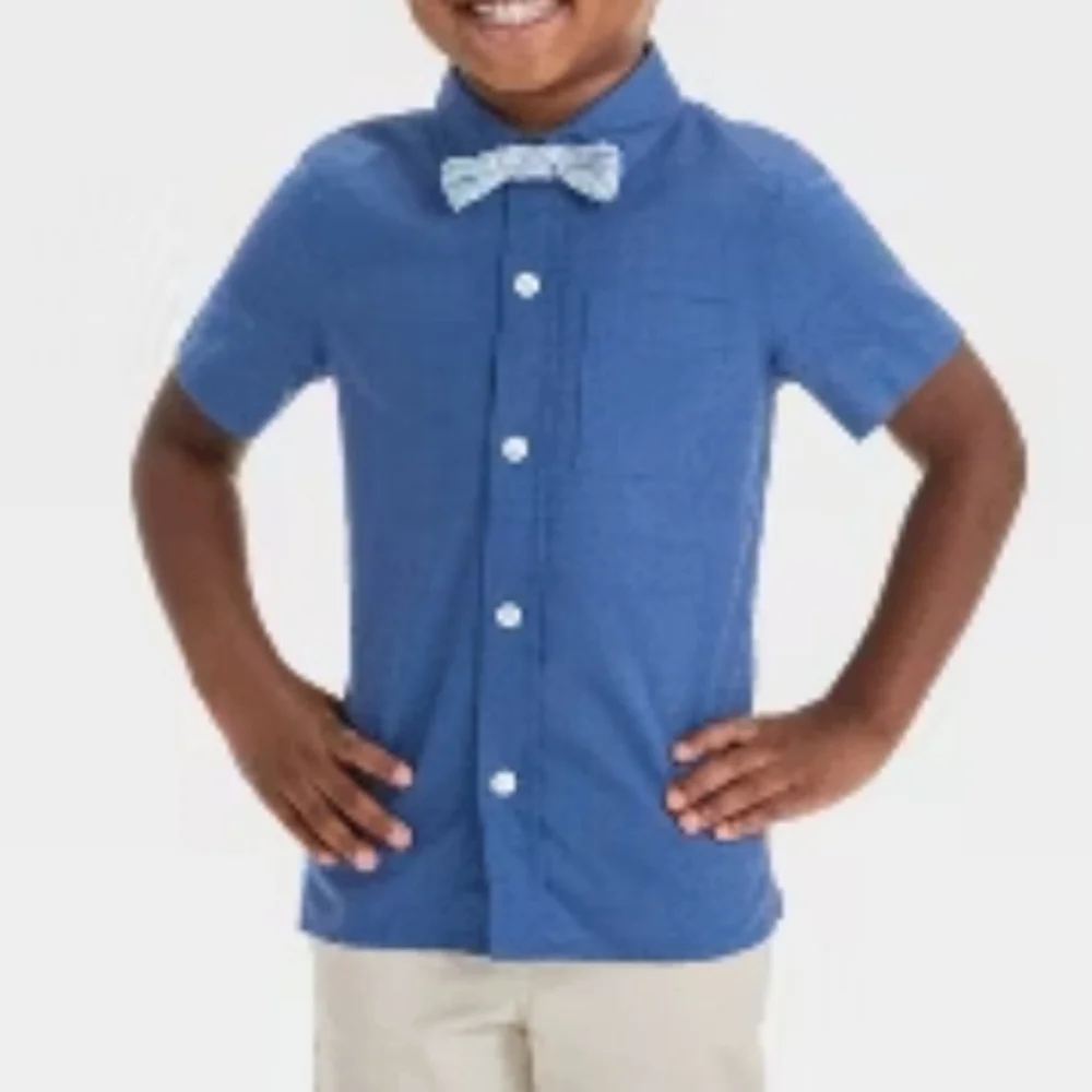 Cat & Jack Blue Button Down Shirt w/ Matching Floral Bow Tie Size 3T